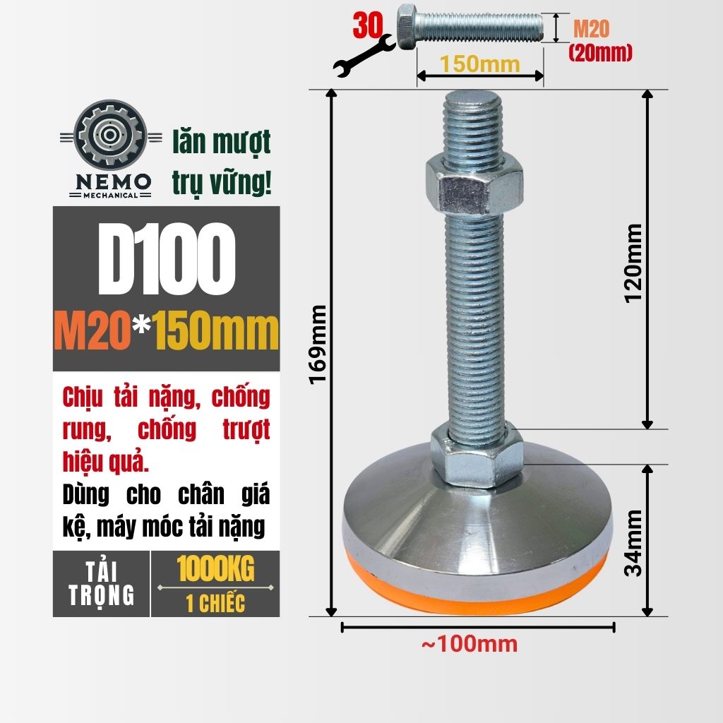Chân Tăng Chỉnh Chịu Tải Siêu Nặng – Hệ Bulong M16/M20, Chịu Tải 3 Tấn (Bát Thép Mạ Crom)